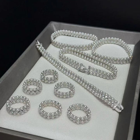 Layered Pearl Zirconia Jewelry Set – Necklace, Bracelet & Ring (Purchase Separately)